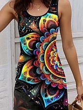 ieftine Rochii florale-Pentru femei Rochie Mini Rochie A line Rochie de vară Rochie cu umeri Vacanță Casual Zilnic Potrivire Largă Floral Grafic Epocă Fără manșon În U Negru Vară