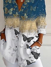 cheap Women&#039;s Animals Tops-Women&#039;s Shirt Ombre Graphic Butterfly Daily Stylish Retro Vintage 3/4 Length Sleeve Shirt Collar Regular Tops Daily Holiday Going out Buttons Blue Summer Spring