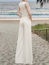 voordelige bruiloft jumpsuits/broekpak-Bruidsjurken Jumpsuits Off Schouder Mouwloos Vloerlengte Rekbaar Stof Bruidsjumpsuit met Kant Bovenkant Effen Kleur