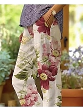 cheap Straight-Leg Pants-Women&#039;s Cotton Linen Pants Baggy Pants Linen Like Active Vintage Fashion Full Length High Waist Floral Graphic Animal Printing Thermal Warm Breathable Soft Micro-elastic Outdoor Daily Rainbow