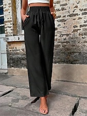 cheap Plain Cotton Linen Pant-Women&#039;s Cotton Linen Shorts Linen-Inspired Pants Cotton Linen Pants Fashion Streetwear Comfort Full Length High Waist Plain Drawstring Elastic Waist Straight Leg Comfy Outdoor Comfortable Street
