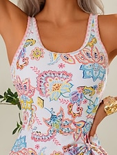 billiga Onesies-Dam Badkläder En bit Längre baddräkt Baddräkt Öppen rygg Magkontroll Hög midja Smal Semester Standkläder Blommig U-hals Ärmlös Baddräkter