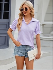 cheap Lace Tops-Women&#039;s Boho T-shirt Plain Bohemia Cute Stylish Short Sleeve Puff Sleeve V Neck Shirt Collar Regular Tops Daily Going out Weekend Ruffle Eyelet Sage Green Black White Pink Wine Summer