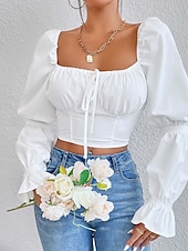 voordelige Elegante topjes-Dames Wrap crop top Elegant Lange mouw U-hals Croptops Zwart Wit Zomer Lente