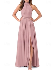 abordables Robes de demoiselle d&#039;honneur-Robe de demoiselle d&#039;honneur A-Line col halter manches courtes élégante longueur de sol chiffon avec plis  fente avant  fronces