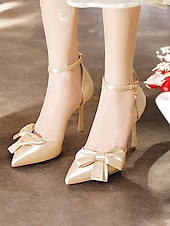 preiswerte Formell-Champagnerfarbene Pumps mit Fesselriemchen und Schleife – elegante Damen-Stilettos mit spitzer Spitze für Hochzeiten und besondere Anlässe