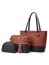 economico Borsette e borse tote-elegante set di borse da donna bicolore patchwork con decorazione a nappe - borsa a mano, borsa a tracolla e borsa piccola - perfette per il tempo libero quotidiano, per andare al lavoro