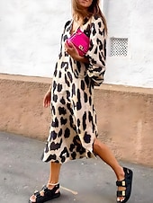 cheap Art&amp;Design Dress-Women&#039;s Midi Dress Shift Dress Summer Dress Puff Sleeve Dress Casual Vacation Daily Regular Fit Leopard Short Sleeve V Neck Leopard Summer