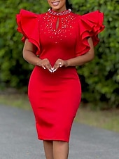 voordelige Bodycon uitgaansjurkjes-Dames Halflange jurk Gala jurk Feestjurk Satijnen Jurk Bruiloft gast jurk Elegant Formeel Feest Bruiloft gast Verloving Normale pasvorm Effen Korte mouw Coltrui Zwart Wit Blozend Roze Rood Zomer