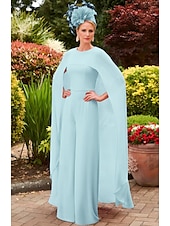 abordables Combinaisons pour maman-Jumpsuit colonne rose bleu formel mère de la mariée mariage élégant vintage col bijou longueur au sol chiffon extensible manches courtes avec ceinture  ruban robe de jour de course