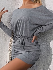 preiswerte Einfaches Kleid-Damen Mini Kleid T-Shirt Kleid Tee Kleid Unifarbenes Bandage Kleid Bodycon Kleid Lässig Fledermausärmel Urlaub Lässig Daily Regular Fit Grafik Langarm Rundhals Grau Sommer Herbst