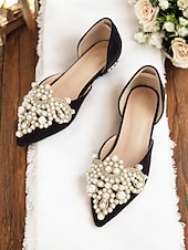 abordables Semi-formel-ballerines à bout pointu en satin noir pour femmes avec ornements en perles et cristaux – ballerines de mariée élégantes pour mariages et événements spéciaux