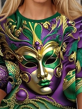 billige Kunst &amp; Design t-skjorte-Mardi gras Dame T skjorte Grafisk Fritid Langermet Crew-hals Vanlige topper Daglig Trykt mønster Grønn Vår Høst