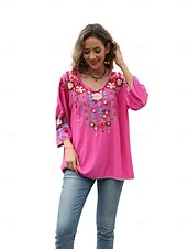 billige Boho topper-Dame Boho skjorte Helfarge Blomstret Bohem Daglig Luksuriøs 3/4 ermer 3/4-ermer Crew-hals Vanlige topper Arbeid Daglig Ut på byen Broderi Svart Gul Rose Rosa Sommer