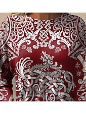 cheap Boho tee-Women&#039;s T Shirt Vintage Fashion Long Sleeve Crew Neck Regular Tops Daily Going out Weekend Print Wine Summer Spring