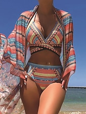 olcso Bikiniszettek-Női Fürdőruha Bikini Három darab Bugyik Fürdőruha Nyitott hátú Vékony Szabadság Strandruházat Mértani V-alakú Ujjatlan Fürdőruhák