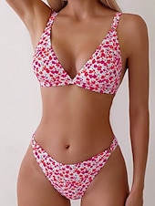 olcso Bikiniszettek-Női Fürdőruha Bikini 2 darab Merész Fürdőruha Nyitott hátú Vékony Szabadság Strandruházat Virágos V-alakú Ujjatlan Fürdőruhák