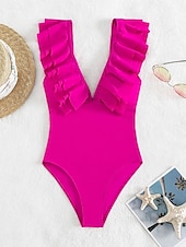 voordelige Eendelige badpakken-Dames Zwemkleding Een stukje Monokini Zwempak Ruche Blote rug Buikcontrole Hoge taille Slank Vakantie Strand Kleding Effen Kleur V-hals Mouwloos Badpakken