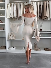 preiswerte Bodycon für den Klub-Damen Midikleid Etuikleid Midi-Kleid Elegantes Kleid Elegant Ausgestellter Ärmel Täglich Regular Fit Feste Farbe Langarm Schulterfrei Schwarz Fuchsie Aprikose Herbst