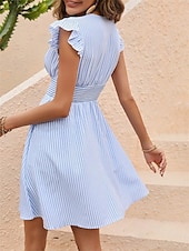 ieftine Rochii Business-Pentru femei Rochie Mini Rochie casual Rochie A line Stilat Casual Vacanță Casual Zilnic Fit regulat Dunga Manșon scurt În V Negru Albastru celest Vară