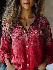 billige Kvinne Boho Topper-Dame Skjorte Grafisk Fritid Langermet Skjortekrage Vanlige topper Arbeid Daglig Knapper Trykt mønster Rød Blå Grønn Kakifarget Vår Høst Vinter