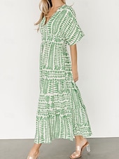 olcso Alkalmi virágos ruhák-Női Midi ruha hétköznapi ruha Boho elegáns ruhák Boho ruha Csehország Szüret Stílusos Vakáció Hétköznapi Napi Normál Csík Rövid ujjú V-alakú Fekete Világoszöld Világoskék Nyár Tavasz