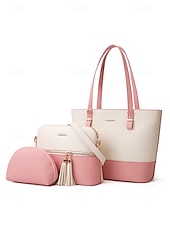 economico Borsette e borse tote-elegante set di borse da donna bicolore patchwork con decorazione a nappe - borsa a mano, borsa a tracolla e borsa piccola - perfette per il tempo libero quotidiano, per andare al lavoro