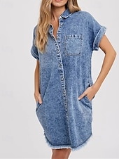 billiga Vit klänning-Dam Mini klänning Denimklänningar Vardagsklänning Sommarklänning Mode Utomhus Helgdag Datum Normal Slät Kortärmad Tröjkrage Blå Sommar Vår