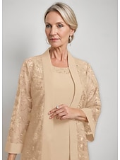 cheap With Jacket-Mother of the Bride Dress Set Elegant Vintage Simple Jewel Neck Tea Length Chiffon FLoral Lace Long Sleeve with Jacket 2025