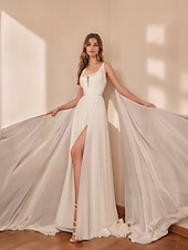 baratos vestidos de casamento casuais-Vestidos Casuais de Noiva A-Line Decote Profundo Sem Mangas Cauda Cortante Chiffon Trajes de Noiva Vestidos Com Fenda Com pedrarias Pregas Frufru