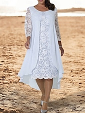 cheap Tea Length-A-Line Mother of the Bride Dress Wedding Guest Elegant Scoop Neck Knee Length Chiffon Lace 3/4 Length Sleeve with Appliques Midi Dress 2025