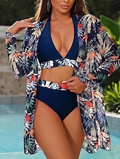billiga Bikiniset i 3 delar-Dam Badkläder Bikini Tre delar Kalsonger Baddräkt Öppen rygg Smal Hög midja Semester Standkläder Blommig Halterneck Långärmad Baddräkter