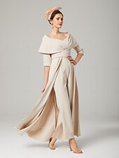 olcso Anya kombinéi-Két részes jumpsuit  nadrágruha a menyasszony édesanyjának formális esküvői vendég elegáns parti kerek nyakú váll alatti bokáig érő rugalmas anyag 3/4 hosszú ujjú öv  szalaggal