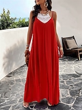 preiswerte Einfaches Kleid-Damen Maxi Kleid Strandkleid Slip Kleid Urlaub Strandurlaub Unifarben Lässig Täglich Lockere Passform Grafik Ärmellos Träger Schwarz Rot Himmelblau Grün Sommer