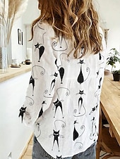 preiswerte Tiere Tops-Damen Hemd Katze Lässig Langarm Hemdkragen Normale Oberteile Täglich Knöpfe Druck Weiß Frühling Herbst
