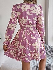 cheap Casual Floral Dresses-Ramadan Women&#039;s Normal Mini Dress Boho Chic Dresses Boho Dress Cami Dress Off The Shoulder Dress Bohemia Stylish Sexy Puff Sleeve Vacation Party Birthday Form Fit Floral Graphic Long Sleeve Plunging