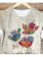 abordables T-shirt Animaux-Femme T shirt Floral Décontractées Manche Courte Col Rond Hauts réguliers du quotidien Imprimer Jaune Eté