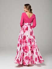abordables Longueur du plancher-Robe Mère de la Mariée A-Line Robe Élégante Col V Longueur Du Sol En Chiffon Manche 3/4 avec Fleur Robe Derby Robe de Course Invité de Mariage 2025