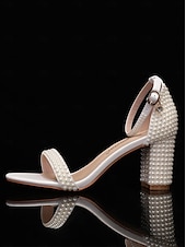 abordables Semi-formel-sandales à talons compensés ornées de perles – talons élégants à bout ouvert et bride à la cheville pour femmes pour mariages et événements formels