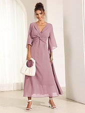 economico Abiti da festa-abito da cocktail per invitati a nozze da donna in chiffon tinta unita con volant intrecciato elegante abito lungo estivo scollo a V svasato manica a 3/4