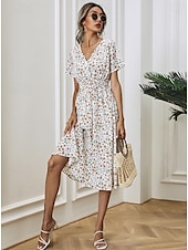 billiga Eleganta blommiga klänningar-Dam Midiklänning Vardagsklänning Swingklänning A linjeklänning Stylish Ledigt Semester Dagligen Normal Blommig Kortärmad V-hals Svart Vit Gul Rodnande Rosa Sommar
