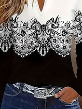 billige Boho t-skjorte-Dame T skjorte Grafisk Fargeblokk Fritid Langermet Hals med hakk Vanlige topper Daglig Trykt mønster Svart Vår Høst