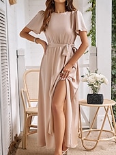 tanie Prosta sukienka-Sukienka maxi dla kobiet Sukienka w kształcie litery A Jednolity kolor Sukienka letnia Podstawowy Casual Wakacje Codzienny Regular Fit Gładka Krótki rękaw Okrągły dekolt Różowy Winny Niebieski