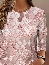 ieftine tricou floral-Tricou pentru femei cu guler rotund mânecă lungă tunică geometrică Casual Topuri obișnuite zilnice imprimeu Roz Primăvară Toamnă