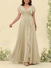 baratos Vestidos para Madrinhas-Linha A Vestido de Madrinha Decote V Manga Curta Elegante Longo Chiffon com Fru-Fru / Franzido 2022