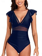 billiga One-piece-baddräkter-Dammsimdräkter En Del Monokini Simdräkt Volang Rygglös Magen Kontroll Hög midja Slim Semester Strandkläder Enfärgad V-ringad Ärmlös Baddräkt