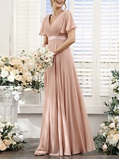 baratos Vestidos para Madrinhas-Linha A Vestido de Madrinha Decote V Manga Curta Elegante Longo Chiffon com Franzido 2022
