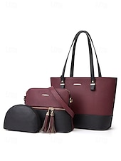 economico Borsette e borse tote-elegante set di borse da donna bicolore patchwork con decorazione a nappe - borsa a mano, borsa a tracolla e borsa piccola - perfette per il tempo libero quotidiano, per andare al lavoro