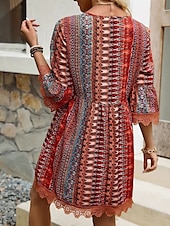 tanie Sukienki boho-Damskie Sukienka mini Codzienne sukienki Sukienka Boho Elegancki Codzienny Urlop Codzienny Regularny Graficzny Geometryczny Rękaw 3/4 W serek Rumiany róż Czerwony Niebieski Lato