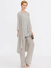 tanie Garnitury dla mamy-Kombinezon  Spodnium 3 Częściowe Teściowej Ślubne Gościń Elegancka Plus Size Zawiera Bateau Długość do Podłogi Chiffon Bez Rękawów Kurtka z Jednolitym Kolorem